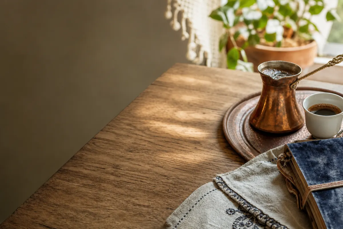 Balkan coffee in a copper džezva on a wooden table