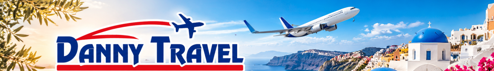 Danny Travel banner with a flying airplane and Santorini