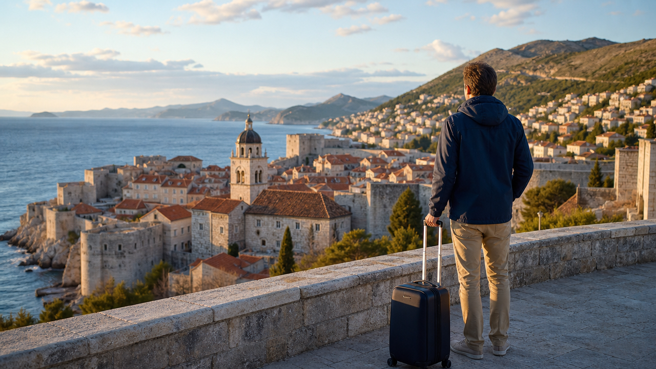 Traveler looking over a European coastal city with a suitcase